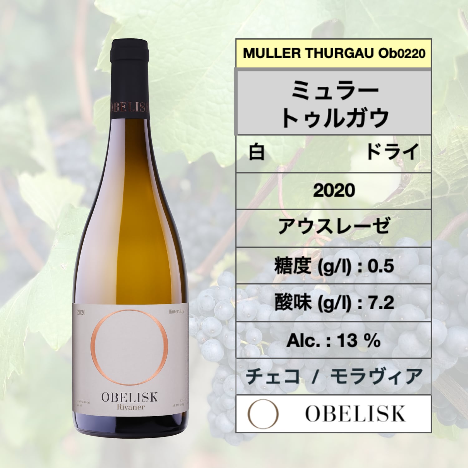 ミュラー トゥルガウ  2020  /　Muller Thurgau 2020  🇨🇿  ( オベリスク ワイナリ )